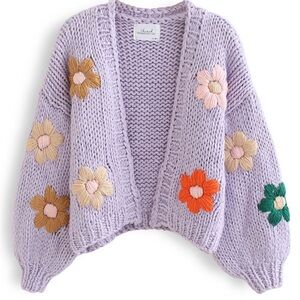 Chunky Knit Floral Sweater - purple